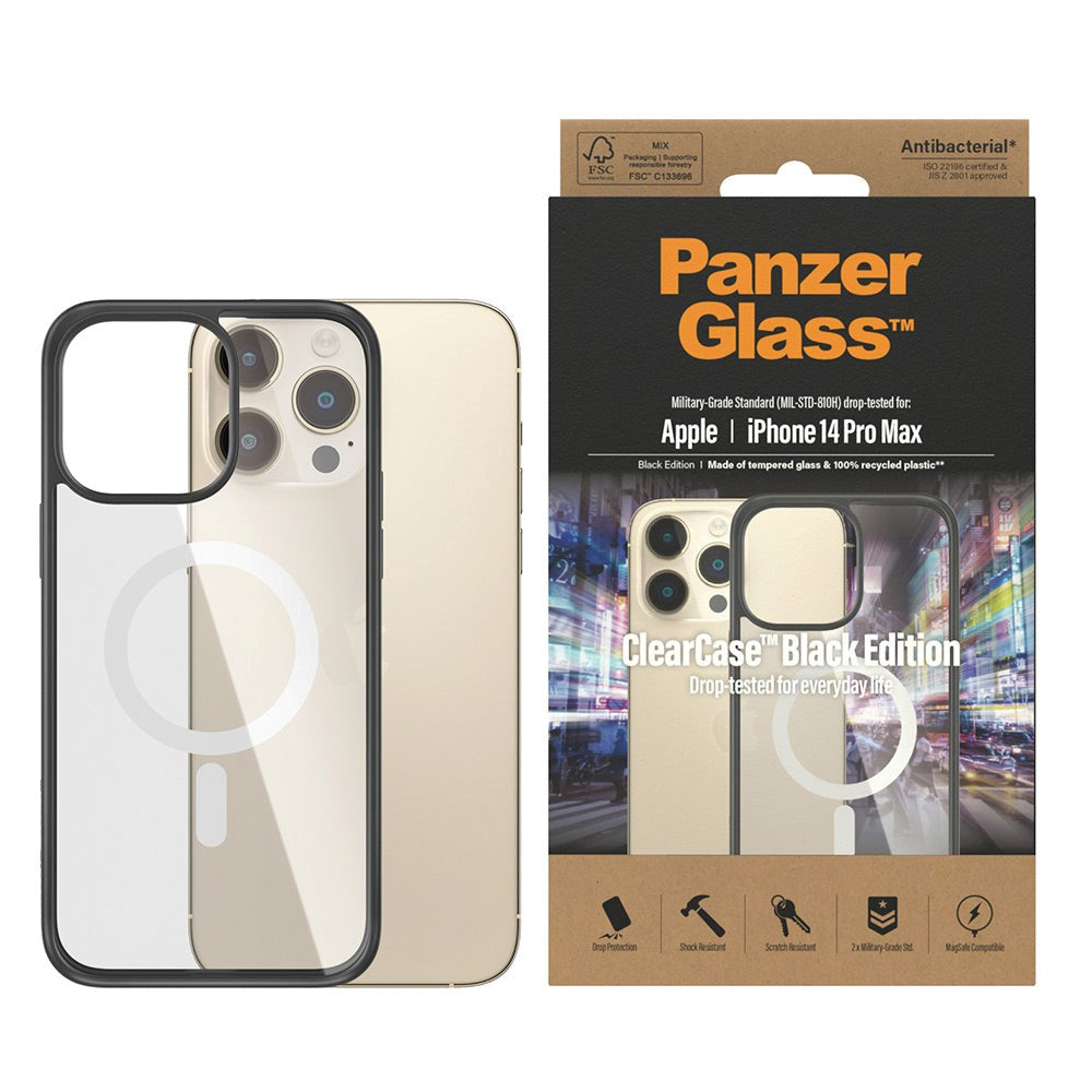 iPhone 14 Pro Max Deksel PanzerGlass AntiBacterial ClearCase - MagSafe-kompatibel - Svart Kant