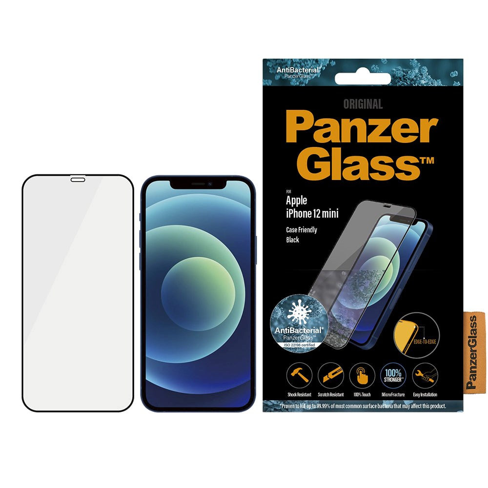 PanzerGlass iPhone 12 Mini AntiBacterial Edge-To-Edge Skjermbeskytter - Case Friendly - Svart Kant