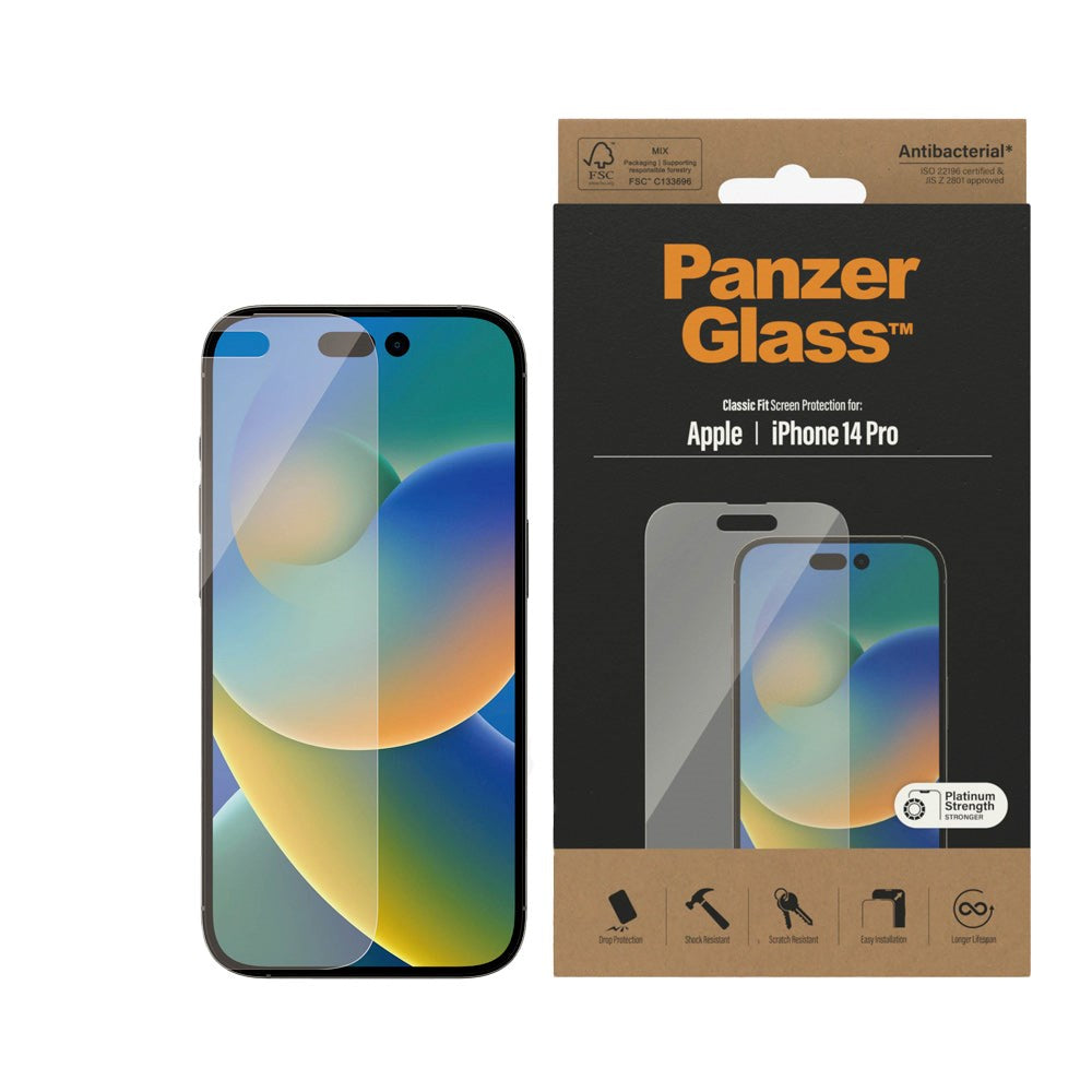 iPhone 14 Pro PanzerGlass AntiBacterial Classic Fit Skjermbeskyttelsesglass - Platinum Strength - Gjennomsiktig