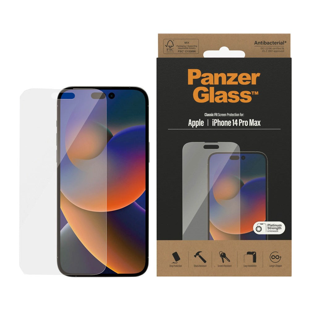 iPhone 14 Pro Max PanzerGlass AntiBacterial Classic Fit Skjermbeskyttelsesglass - Platinum Strength - Gjennomsiktig