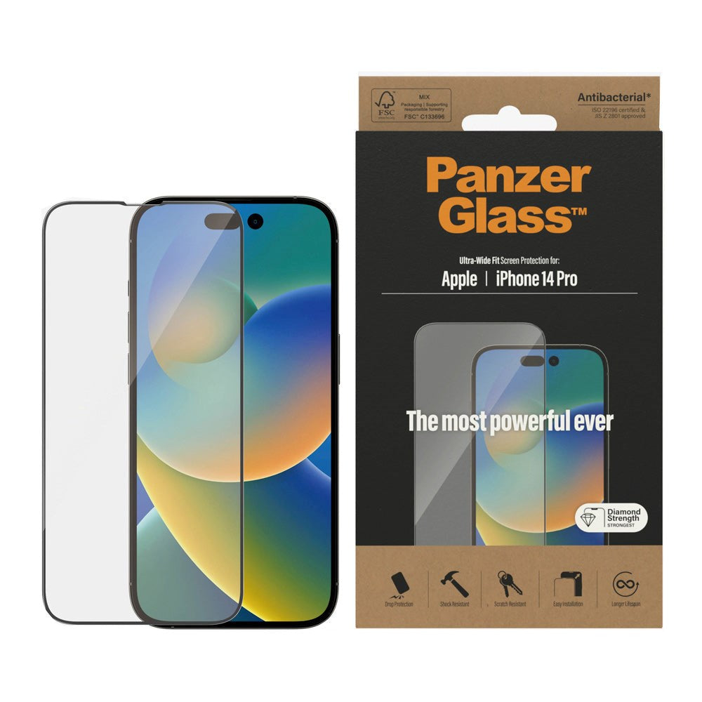 iPhone 14 Pro PanzerGlass AntiBacterial  Ultra Wide Fit Skjermbeskyttelsesglass - Diamond Strength - Gjennomsiktig