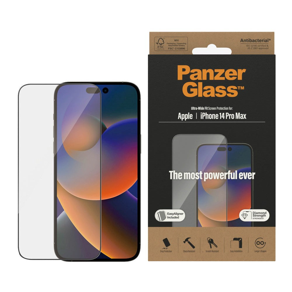 iPhone 14 Pro Max PanzerGlass AntiBacterial Ultra-Wide Fit Beskyttelseglass- EasyAligner - Diamond Strength - Transparent / Svart kant