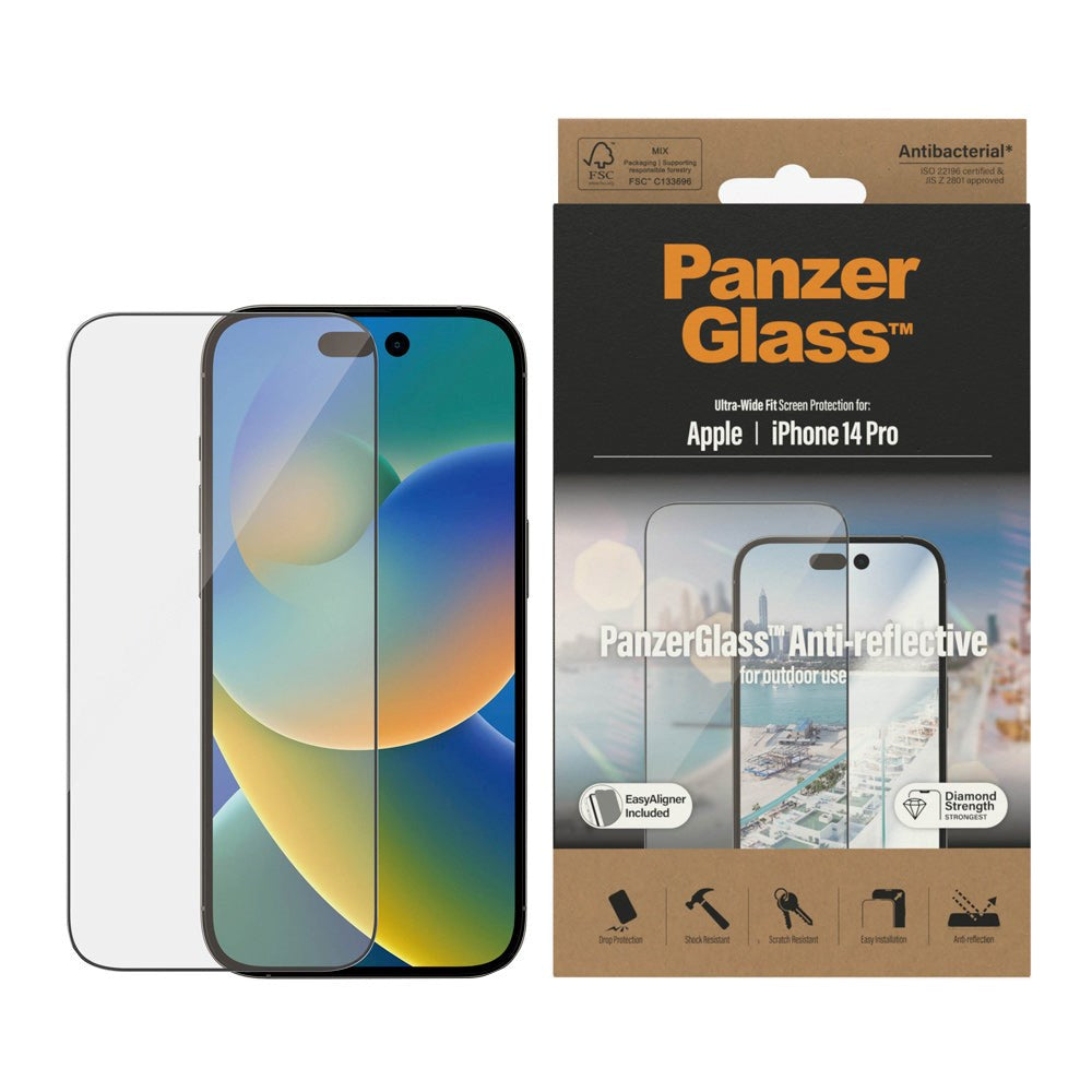 iPhone 14 Pro PanzerGlass AntiBacterial Ultra Wide Fit Skjermbeskyttelsesglass - AntiReflective m. Monteringsram - Diamond Strength - Svart Kant