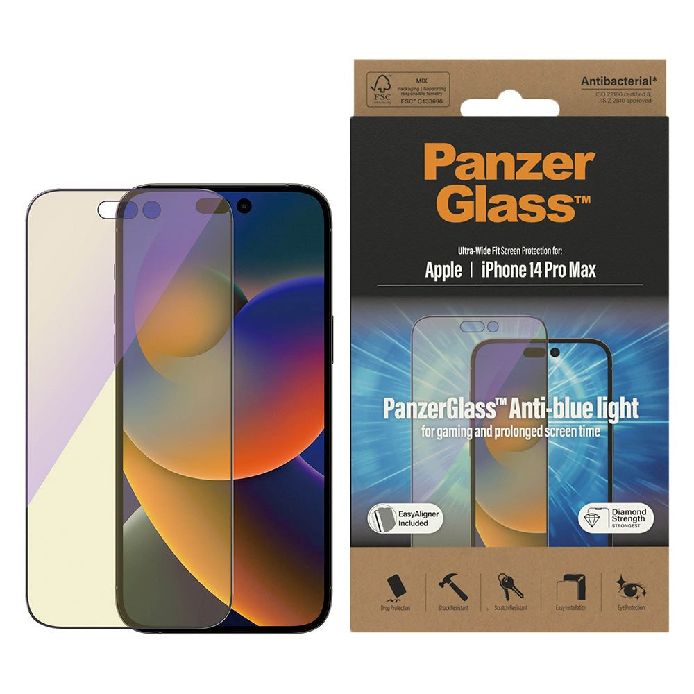 iPhone 14 Pro Max PanzerGlass AntiBacterial Ultra Wide Fit Beskyttelsesglass - Easy Aligner - Anti-Blue Light - Diamond Strength - Gjennomsiktig