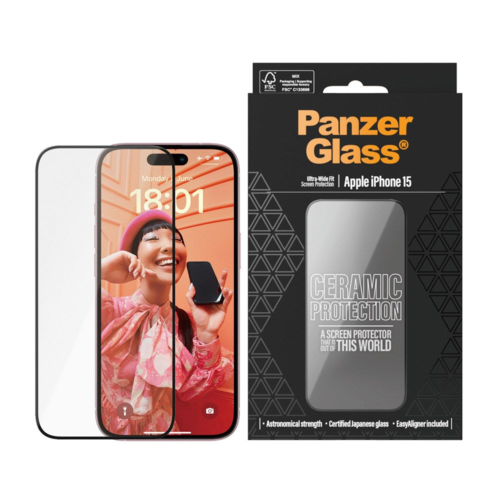 iPhone 15 PanzerGlass Ultra Wide Fit Ceramic Skjermbeskyttelse m. EasyAligner - Svart Kant