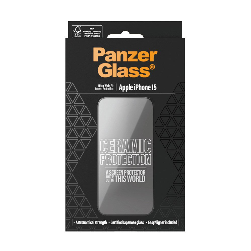 iPhone 15 PanzerGlass Ultra Wide Fit Ceramic Skjermbeskyttelse m. EasyAligner - Svart Kant