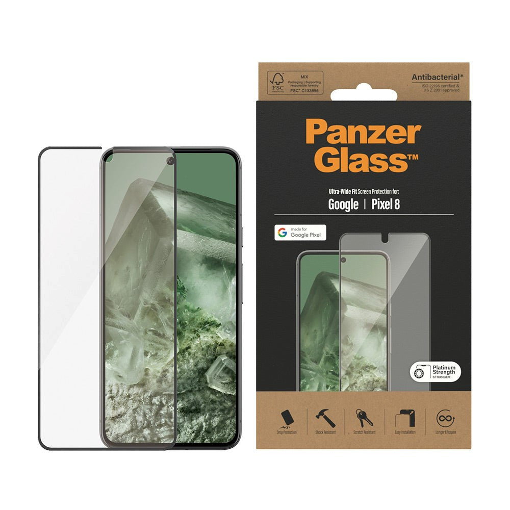 Google Pixel 8 PanzerGlass Ultra Wide Fit Skjermbeskyttelsesglass - Platinum Strength - Svart Kant