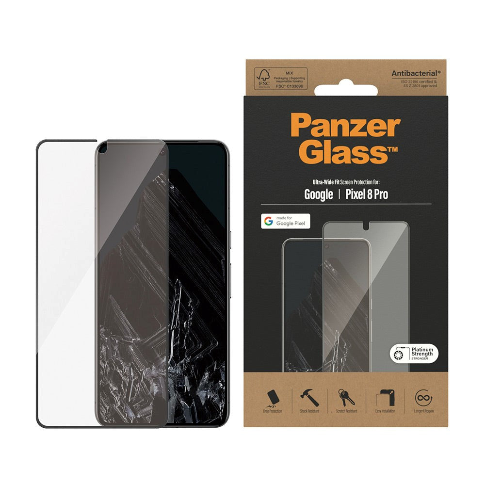 Google Pixel 8 Pro PanzerGlass Ultra Wide Fit Skjermbeskyttelsesglass - Platinum Strength - Svart Kant