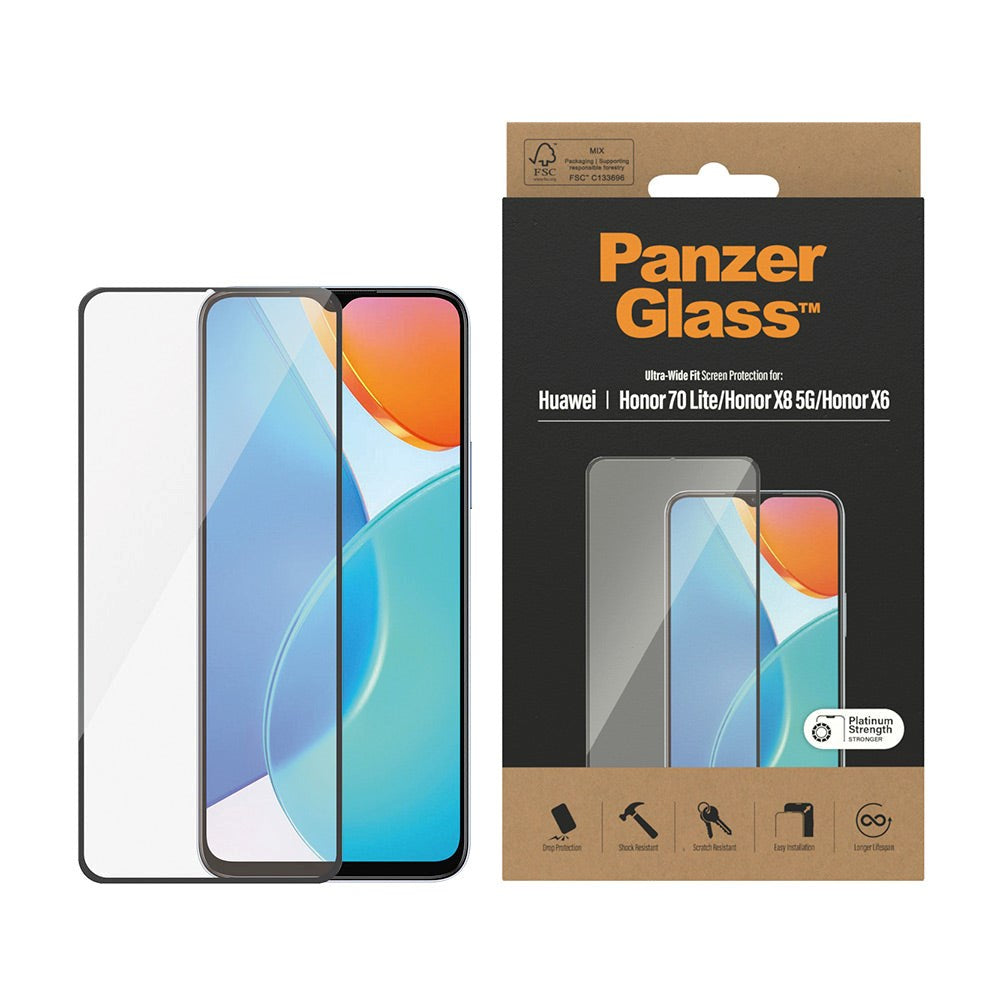 Honor 70 Lite PanzerGlass Ultra Wide Fit Skjermbeskyttelsesglass - Platinum Strength - Svart Kant