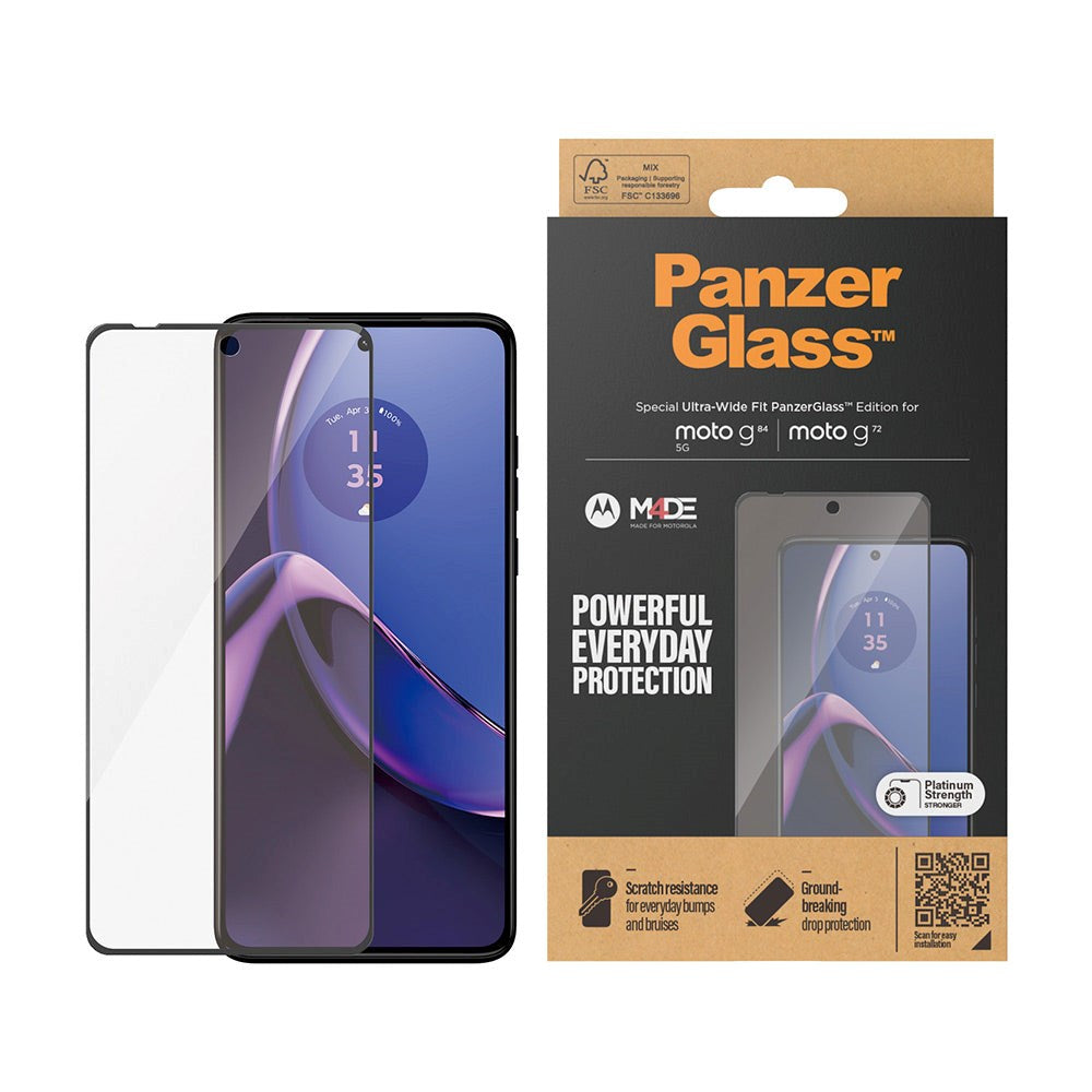 Motorola Moto G72 / G84 PanzerGlass Ultra Wide Fit Skjermbeskyttelsesglass - Platinum Strength - Svart Kant