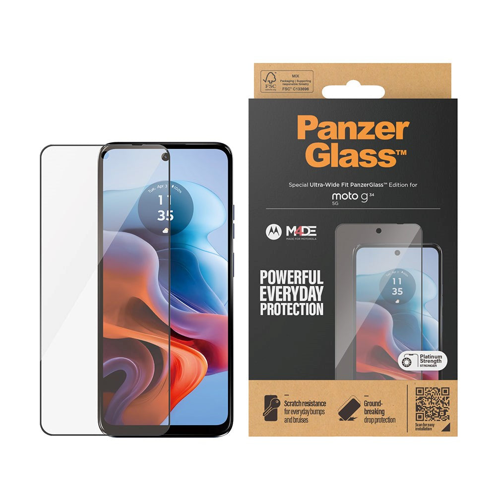 Motorola Moto G34 PanzerGlass Ultra Wide Fit Skjermbeskyttelsesglass - Platinum Strength - Svart Kant