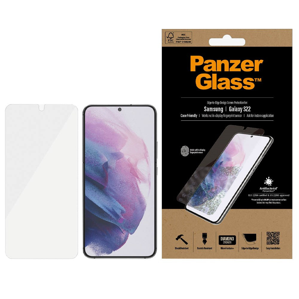 Samsung Galaxy S22 PanzerGlass AntiBacterial Edge-to-Edge Beskyttelsesglass - Case-Friendly - Gjennomsiktig