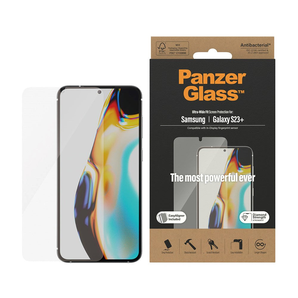 Samsung Galaxy S23+ (Plus) PanzerGlass AntiBacterial Ultra-Wide Fit Skjermbeskyttelse - EasyAligner - Diamond Strength - Transparent