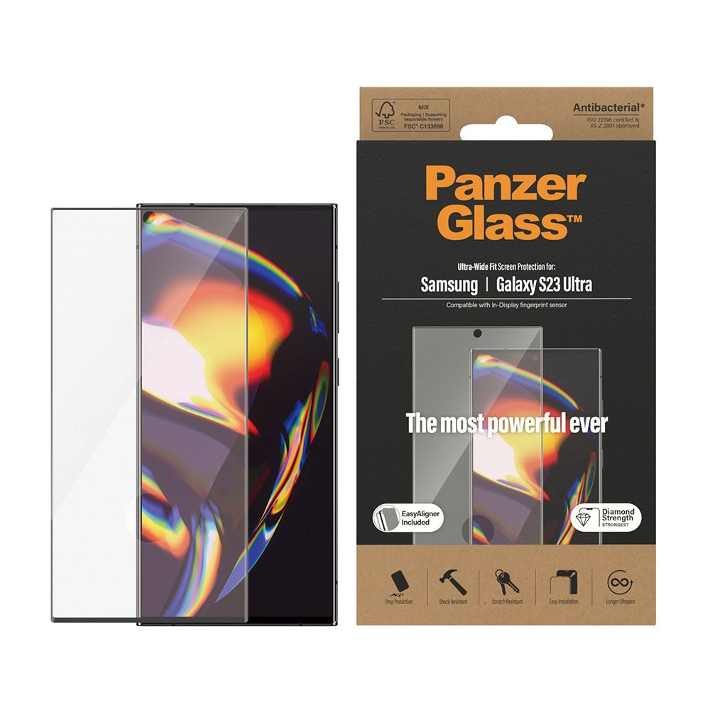 Samsung Galaxy S23 Ultra PanzerGlass AntiBacterial Ultra-Wide Fit Skjermbeskyttelse - EasyAligner - Diamond Strength - Transparent