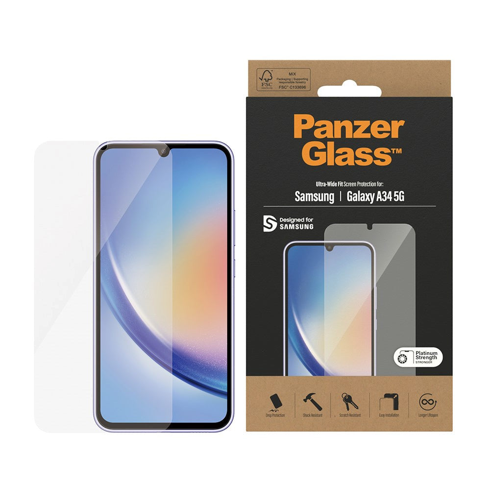 Samsung Galaxy A34 (5G) PanzerGlass Ultra Wide Fit Skjermbeskyttelsesglass - Platinum Strength - Gjennomsiktig