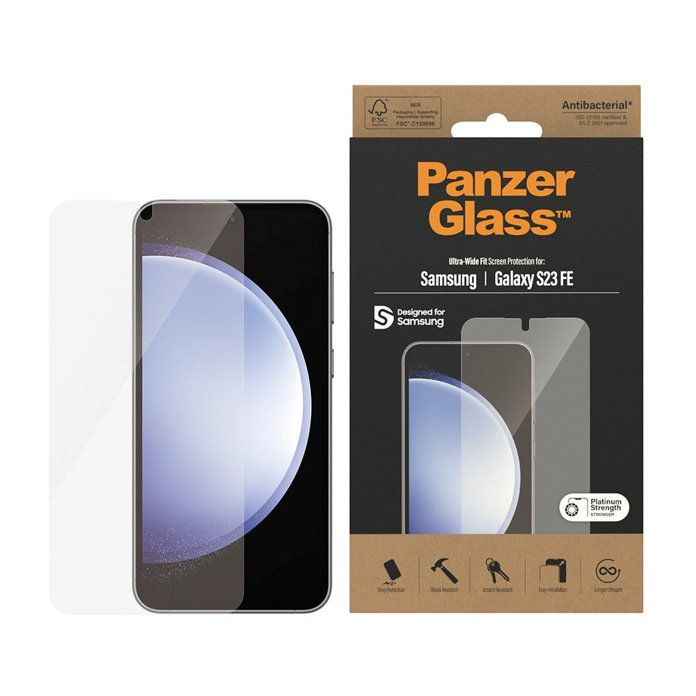 Samsung Galaxy S23 FE PanzerGlass Ultra Wide Fit Skjermbeskyttelsesglass - Platinum Strength - Gjennomsiktig