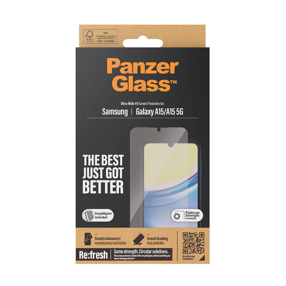 Samsung Galaxy A15 / A15 (5G) PanzerGlass Ultra Wide Fit Re:fresh Skjermbeskyttelse m. EasyAligner - Platinum Strength - Gjennomsiktig