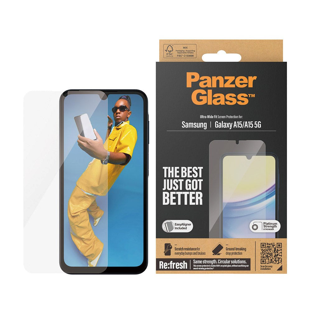 Samsung Galaxy A15 / A15 (5G) PanzerGlass Ultra Wide Fit Re:fresh Skjermbeskyttelse m. EasyAligner - Platinum Strength - Gjennomsiktig