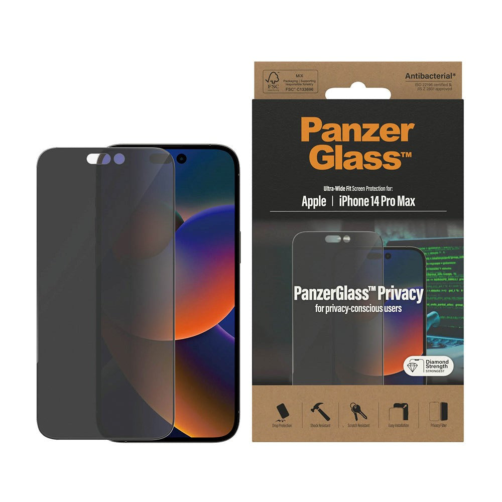 iPhone 14 Pro Max PanzerGlass AntiBacterial Ultra-Wide Fit Skjermbeskyttelsesglass - Privacy - Diamond Strength - Gjennomsiktig / Svart