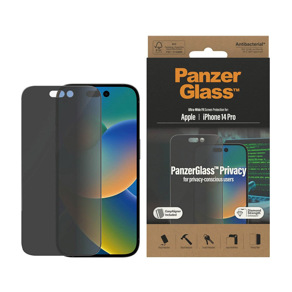 iPhone 14 Pro PanzerGlass AntiBacterial Ultra Wide Fit Skjermbeskyttelsesglass - Privacy Filter - m. EasyAligner - Diamond Level - Svart Kant