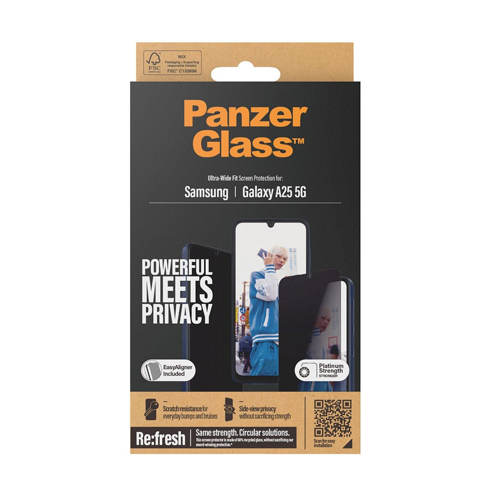 Samsung Galaxy A25 (5G) PanzerGlass Ultra Wide Fit Re:fresh Skjermbeskyttelse m. EasyAligner - Privacy - Platinum Strength - Gjennomsiktig / Svart Kant