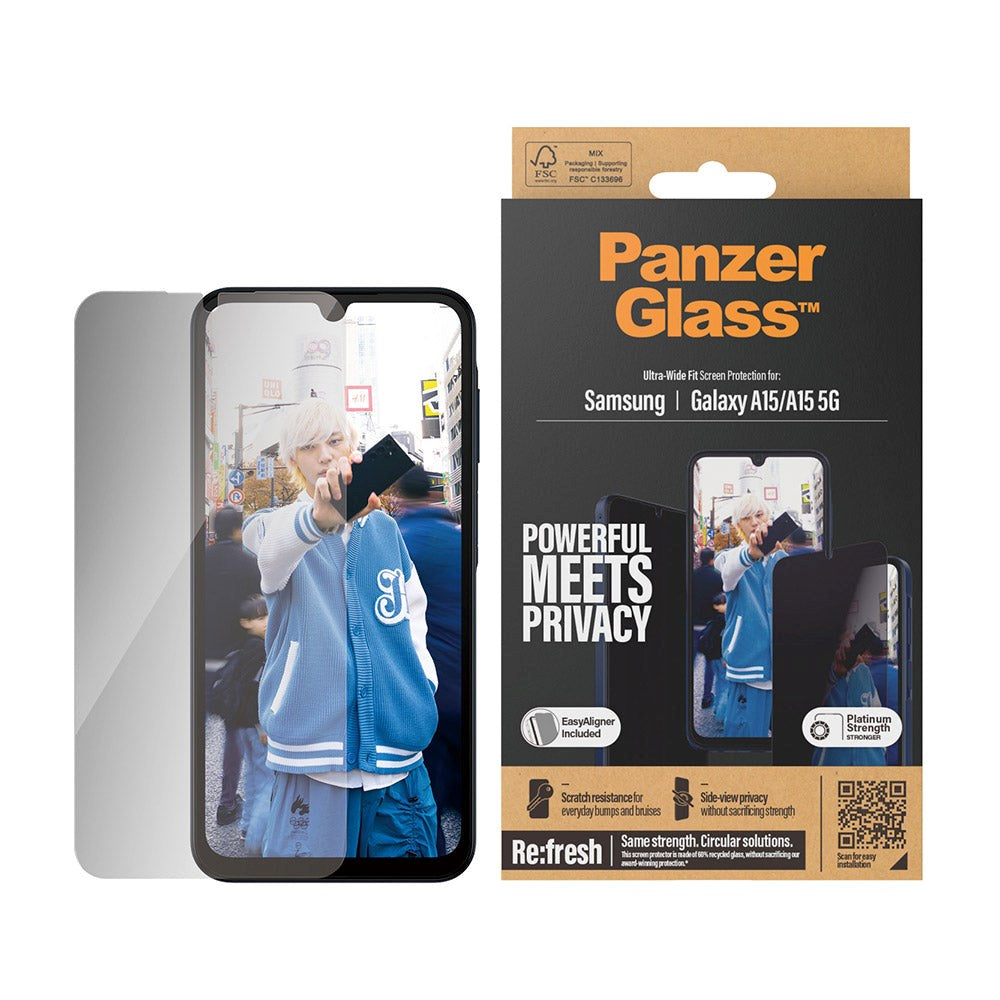 Samsung Galaxy A15 / A15 (5G) PanzerGlass Ultra Wide Fit Re:fresh Skjermbeskyttelse m. EasyAligner - Privacy - Platinum Strength - Gjennomsiktig / Svart Kant