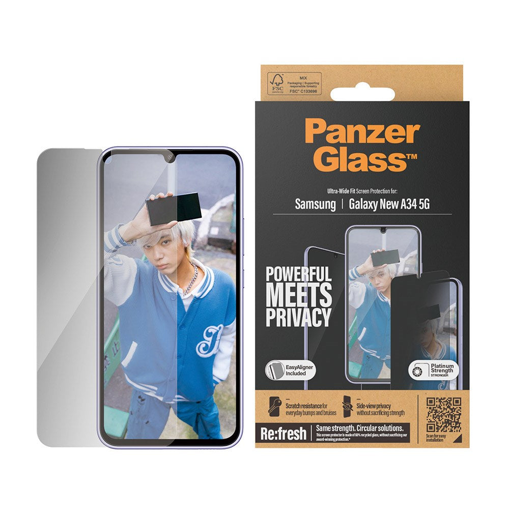 Samsung Galaxy A35 (5G) PanzerGlass Ultra Wide Fit Re:fresh Skjermbeskyttelse m. EasyAligner - Privacy - Platinum Strength - Gjennomsiktig / Svart Kant