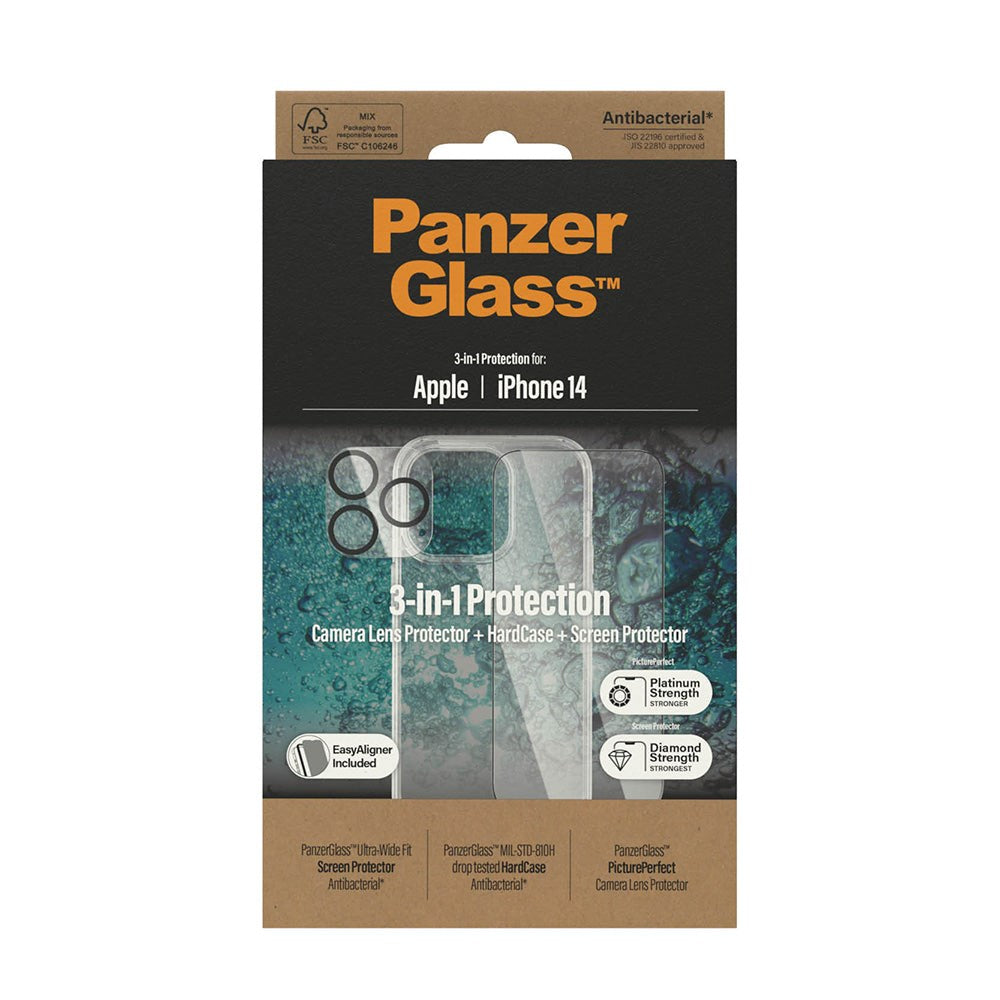 iPhone 14 PanzerGlass 3-i-1 Bundle med EasyAligner - Beskyttelseglass (UWF) / Deksel / Kamerabeskyttelse - Gjennomsiktig