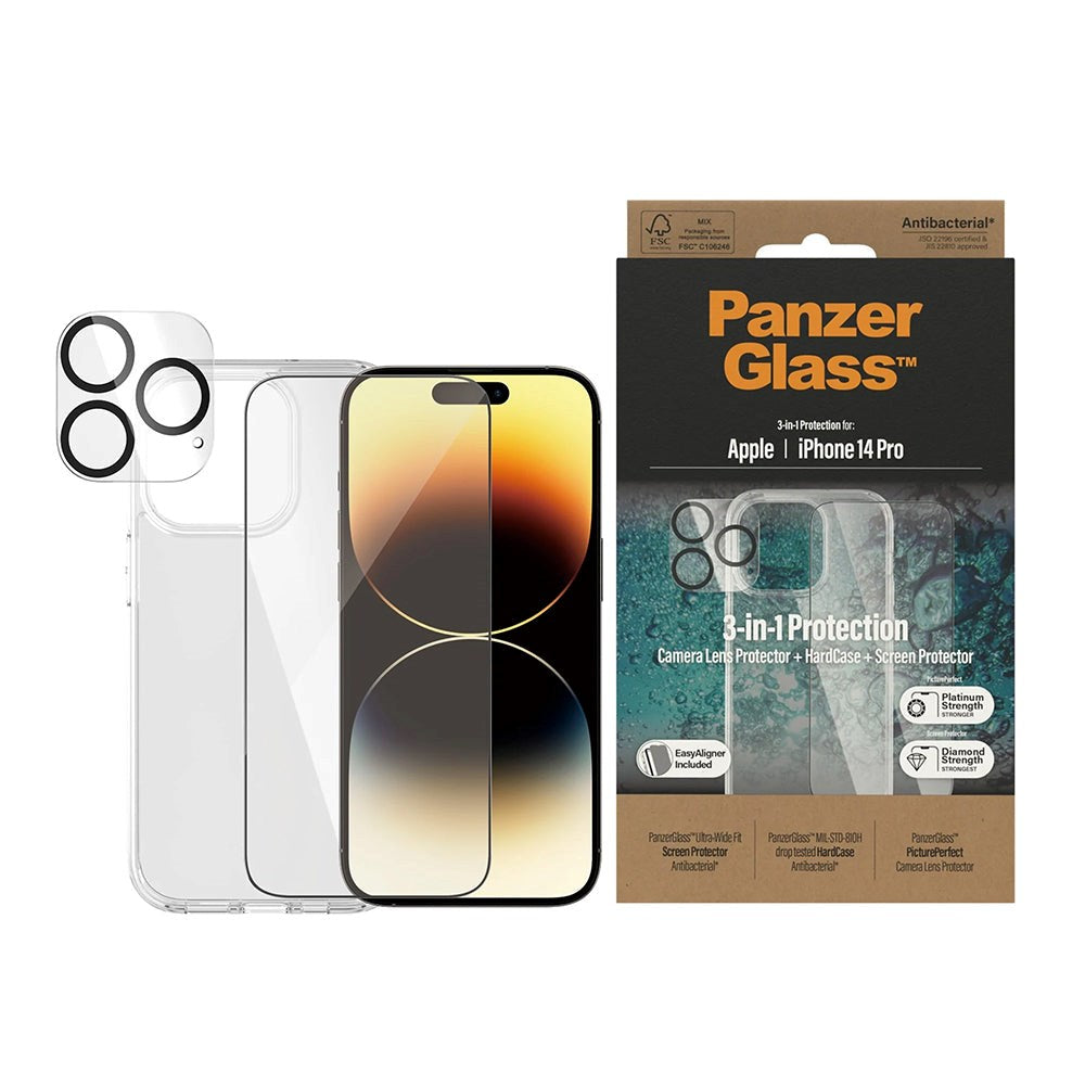 iPhone 14 Pro PanzerGlass 3-i-1 Bundle med EasyAligner - Skärmskyddsglas (UWF) / Deksel / Kamerabeskyttelse - Gjennomsiktig