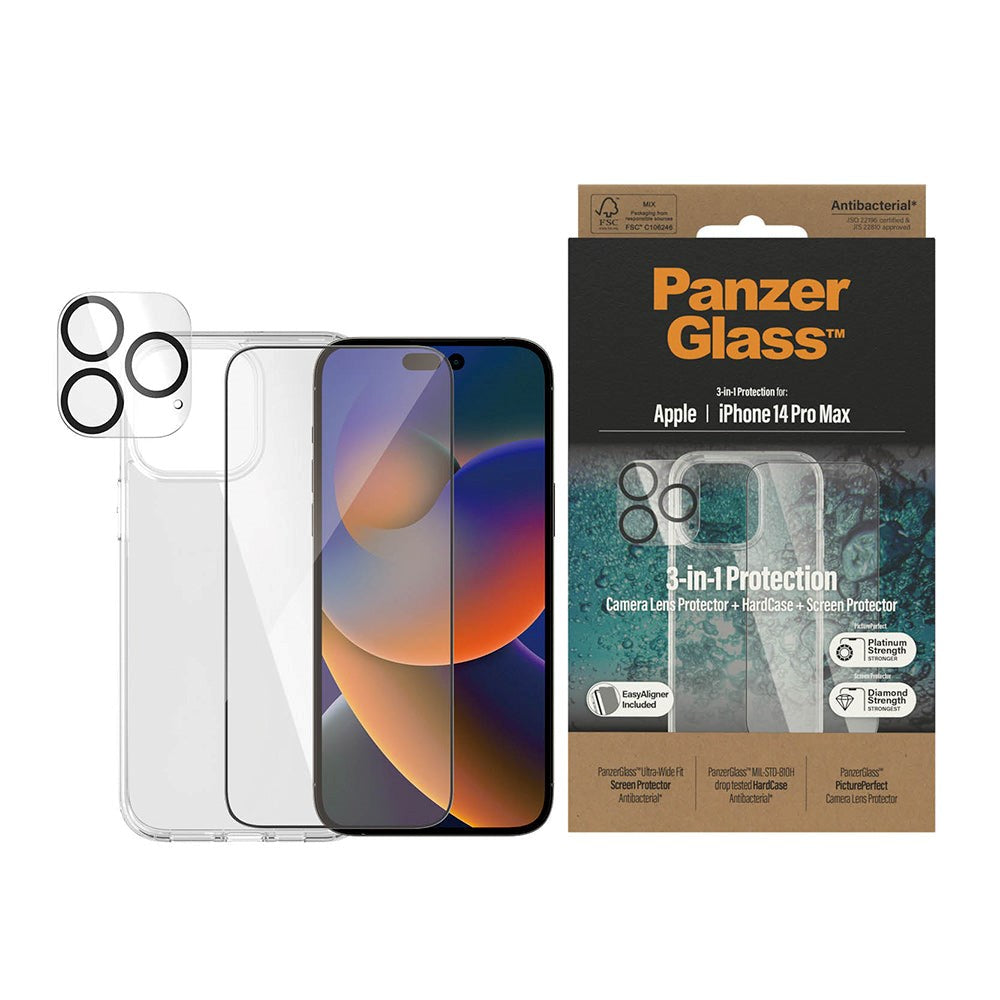 iPhone 14 Pro Max PanzerGlass 3-i-1 Bundle med EasyAligner - Skärmskyddsglas (UWF) / Deksel / Kamerabeskyttelse - Gjennomsiktig