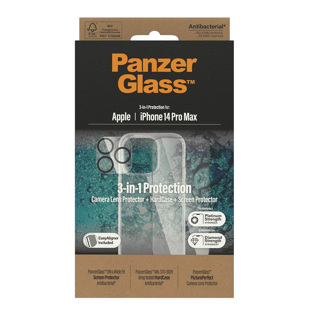 iPhone 14 Pro Max PanzerGlass 3-i-1 Bundle med EasyAligner - Skärmskyddsglas (UWF) / Deksel / Kamerabeskyttelse - Gjennomsiktig