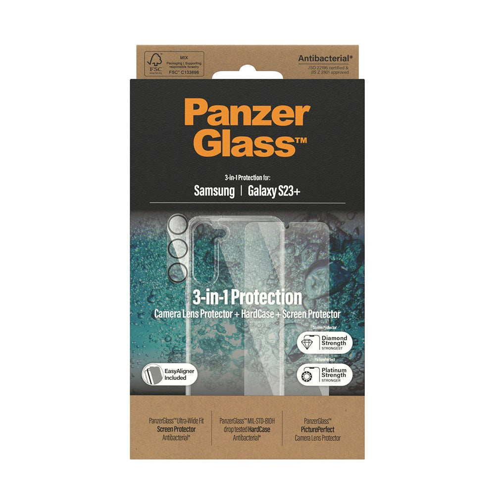 Samsung Galaxy S23+ (Plus) PanzerGlass 3-i-1 Bundle med EasyAligner - Beskyttelseglass (UWF) / Deksel / Kamerabeskyttelse - Gjennomsiktig