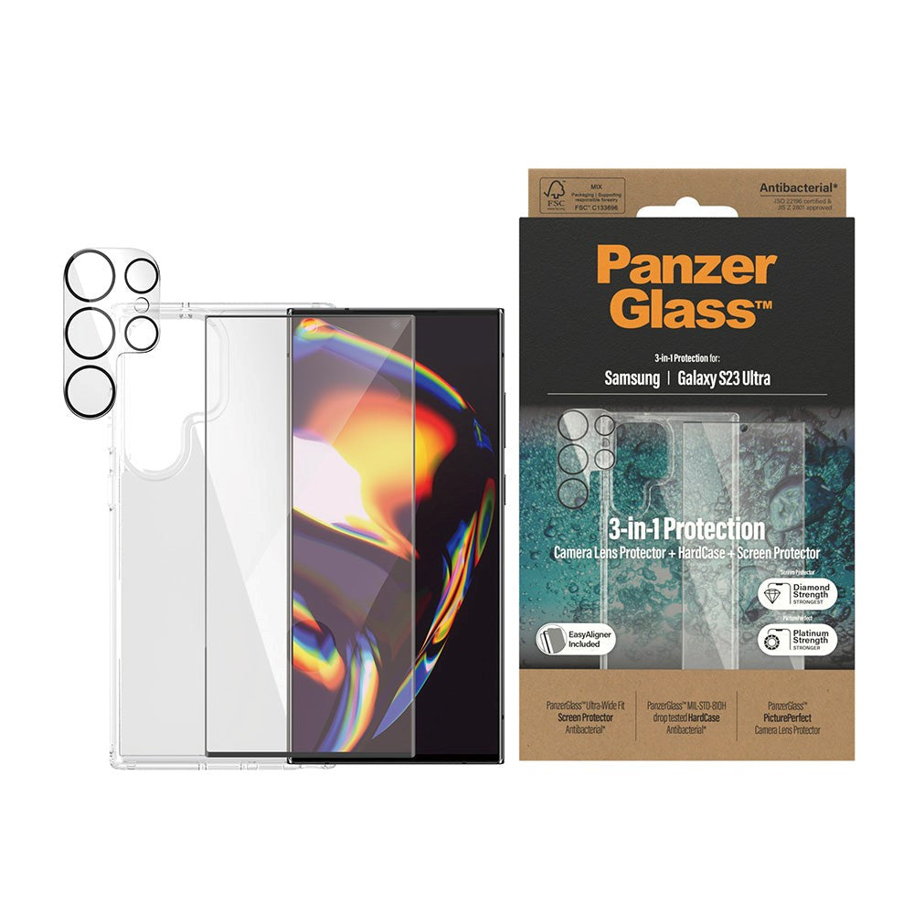 Samsung Galaxy S23 Ultra PanzerGlass 3-i-1 Bundle med EasyAligner - Beskyttelseglass (UWF) / Deksel / Kamerabeskyttelse - Gjennomsiktig