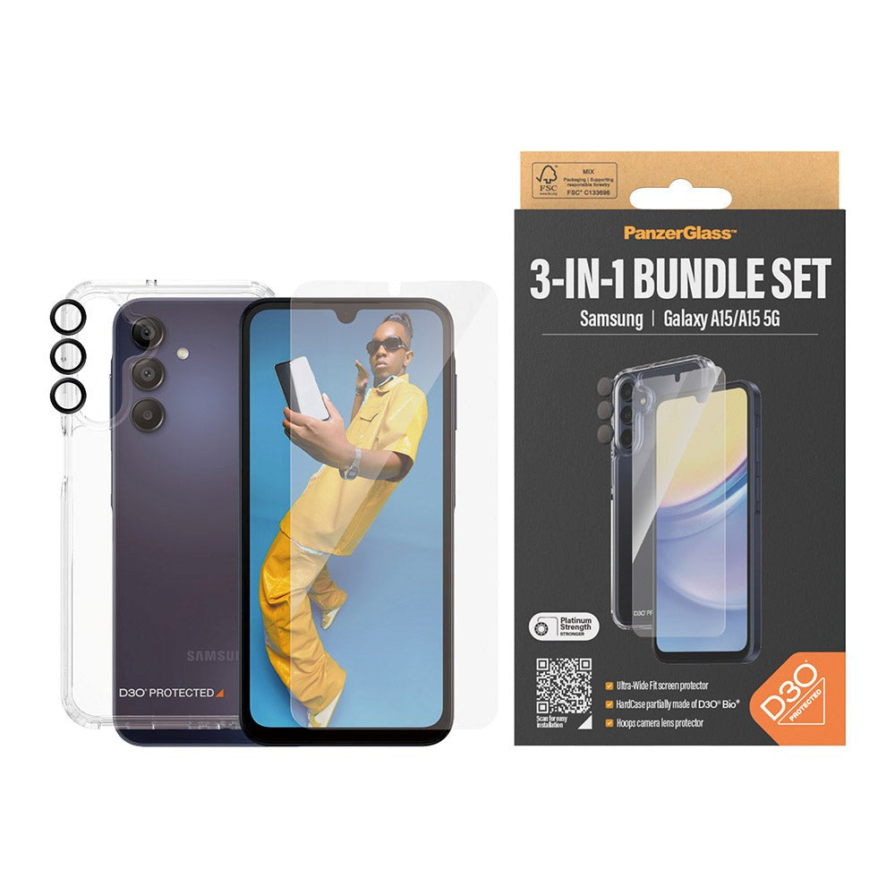 Samsung Galaxy A15 / A15 (5G) PanzerGlass 3-i-1-Bundle m. EasyAligner - Skjermbeskyttelse (UWF) / D3O Bio Hardcase-deksel / Hoops Kamerabeskyttelse - Gjennomsiktig / Svart