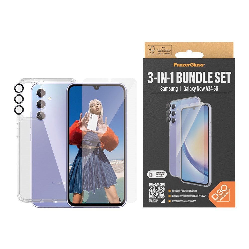 Samsung Galaxy A35 (5G) PanzerGlass 3-i-1-Bundle m. EasyAligner - Skjermbeskyttelse (UWF) / D3O Bio Hardcase-deksel / Hoops Kamerabeskyttelse - Gjennomsiktig / Svart