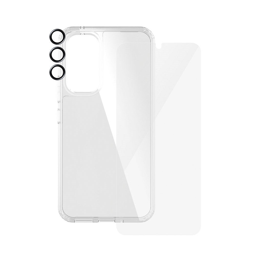 Samsung Galaxy A55 (5G) PanzerGlass 3-i-1-Bundle m. EasyAligner - Skjermbeskyttelse (UWF) / D3O Bio Hardcase-deksel / Hoops Kamerabeskyttelse - Gjennomsiktig / Svart