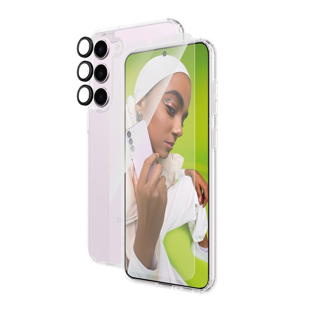 Samsung Galaxy S24+ (Plus) PanzerGlass 3-i-1-Bundle m. EasyAligner - Skjermbeskyttelse (UWF) / D3O Bio Hardcase-deksel / Hoops Kamerabeskyttelse - Gjennomsiktig / Svart