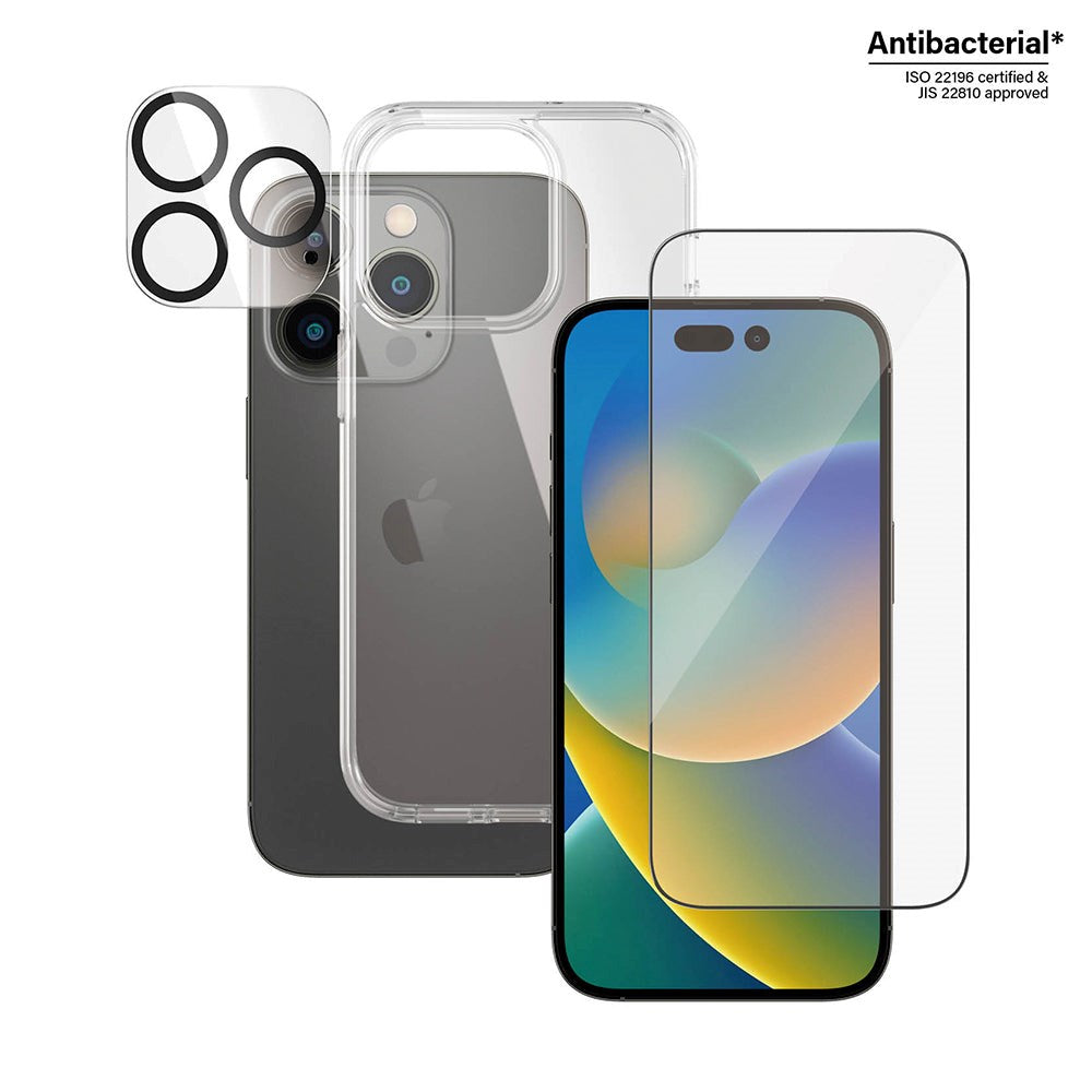 iPhone 14 Pro PanzerGlass 3-i-1 Bundle med EasyAligner - Privacy Skärmskyddsglas (UWF) / Deksel / Kamerabeskyttelse - Gjennomsiktig