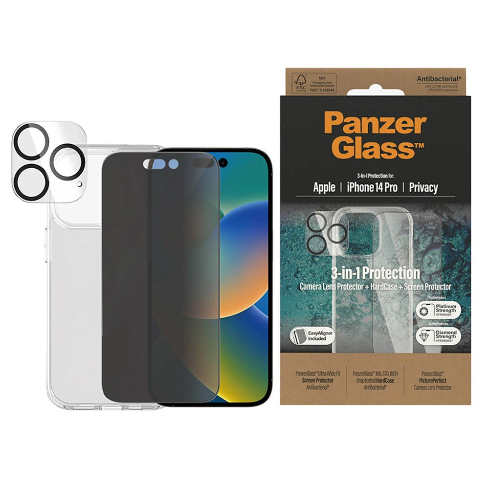 iPhone 14 Pro PanzerGlass 3-i-1 Bundle med EasyAligner - Privacy Skärmskyddsglas (UWF) / Deksel / Kamerabeskyttelse - Gjennomsiktig