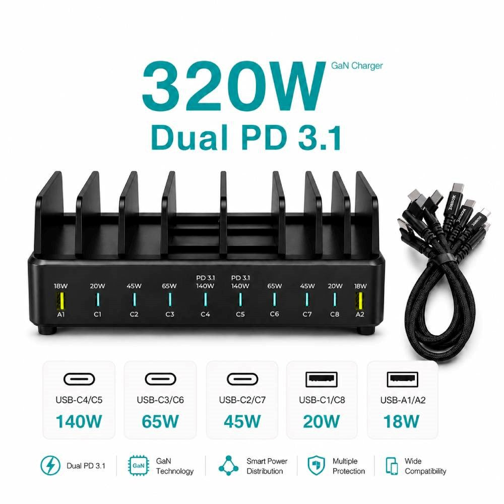 Xceed 320W Multioplader m. 8x USB-C & 2x USB-A - Svart