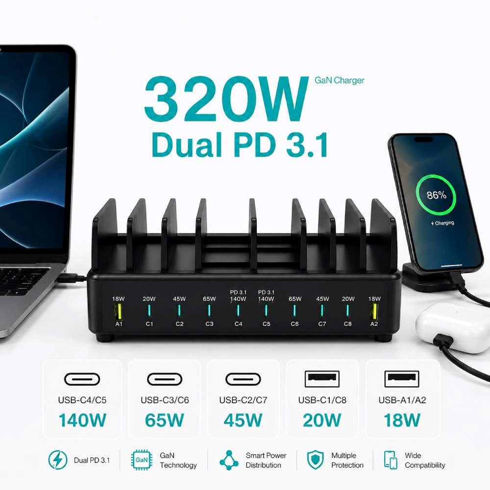 Xceed 320W Multioplader m. 8x USB-C & 2x USB-A - Svart