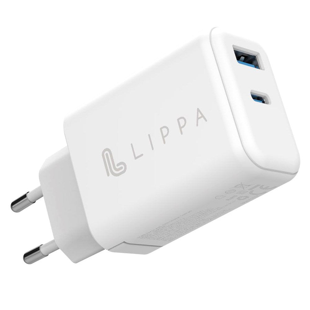 Lippa PD 65W Vegglader GaN med 1 x USB-C & 1 x USB-A - Hvit