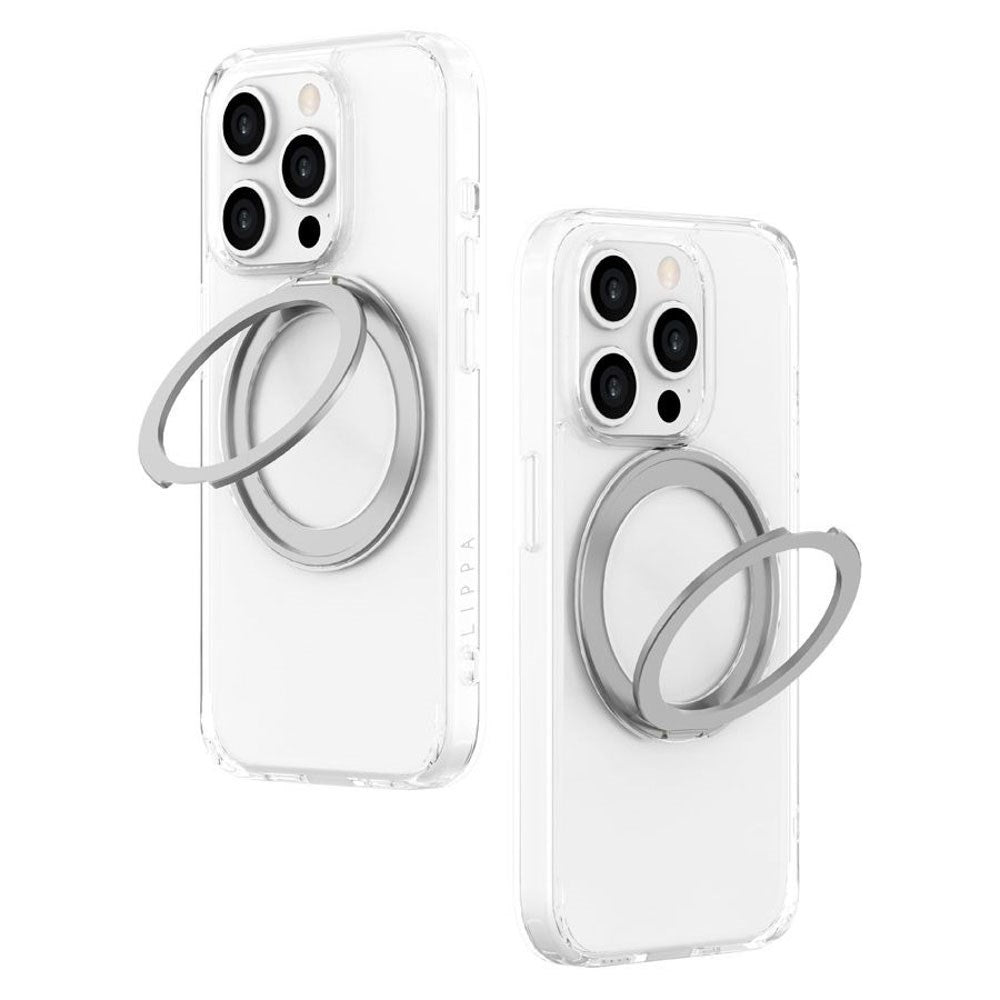 iPhone 15 Pro Lippa Hybrid Plast Deksel med 360 Roterende Kickstand – MagSafe Kompatibelt – Gjennomsiktig / Sølv