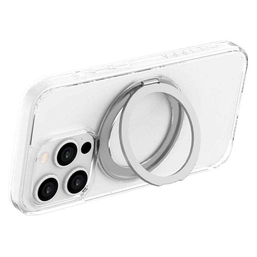 iPhone 15 Pro Lippa Hybrid Plast Deksel med 360 Roterende Kickstand – MagSafe Kompatibelt – Gjennomsiktig / Sølv