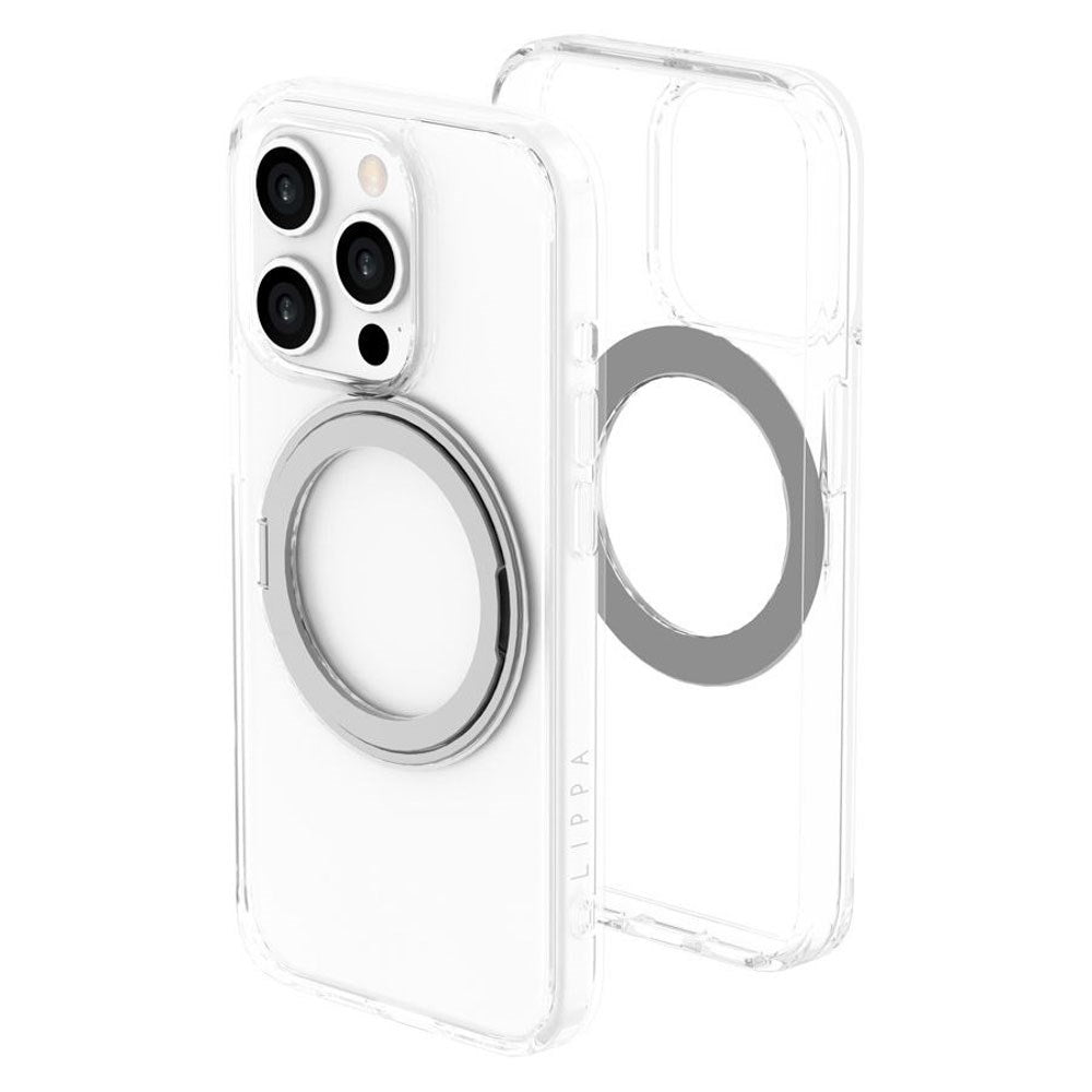iPhone 15 Pro Lippa Hybrid Plast Deksel med 360 Roterende Kickstand – MagSafe Kompatibelt – Gjennomsiktig / Sølv