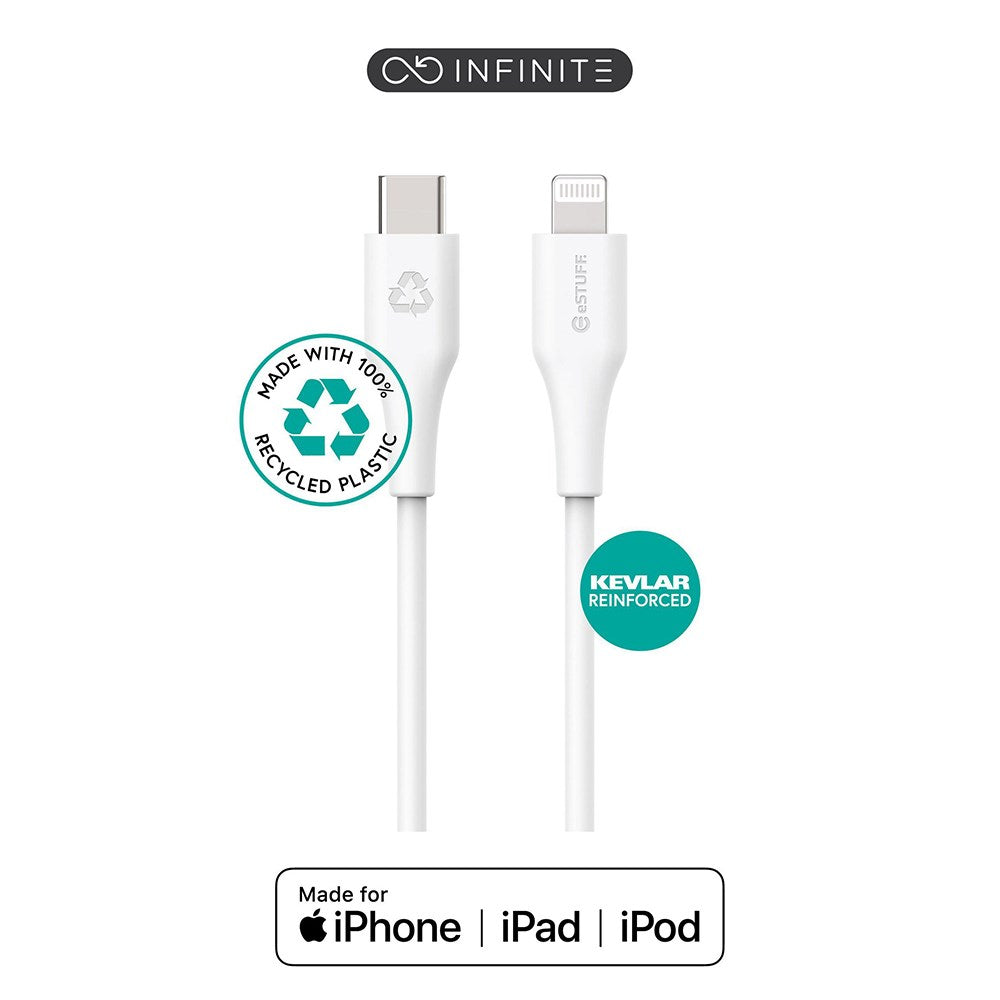 eSTUFF INFINITE MFI 1 m USB-C til Lightning-Kabel - 12W - 100 % Resirkulert Plast - Hvit