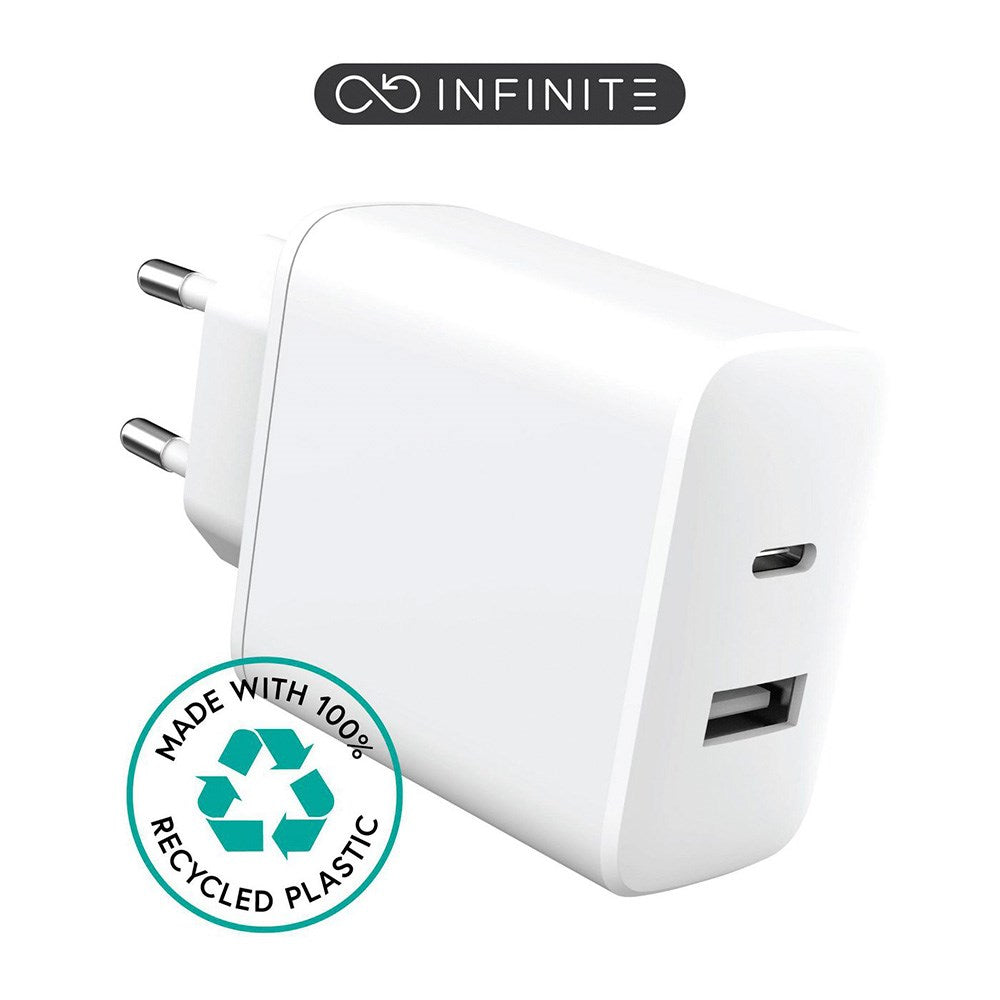 eSTUFF INFINITE 20W  USB-C & USB-A Vegglader - 100 % Resirkulert Plast - Hvit