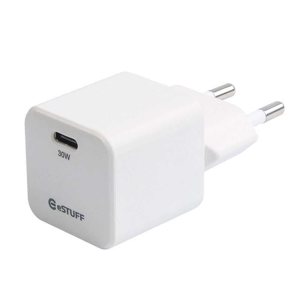 eSTUFF INFINITE 30W PD USB-C GaN Vegglader - 100 % Resirkulert Plast - Hvit