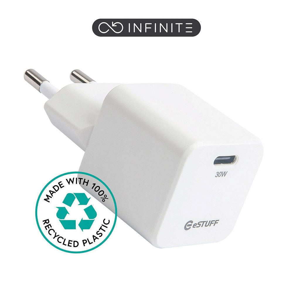 eSTUFF INFINITE 30W PD USB-C GaN Vegglader - 100 % Resirkulert Plast - Hvit