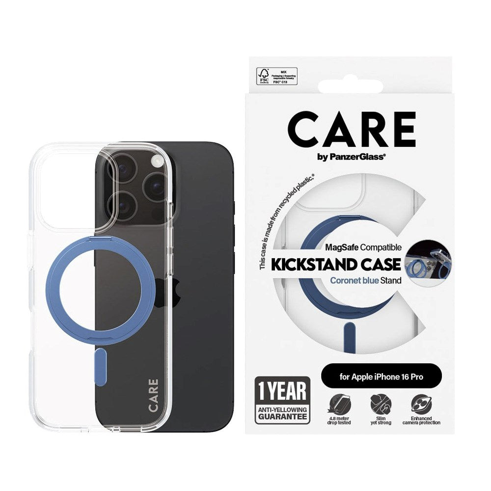 CARE by PanzerGlass iPhone 16 Pro Feature Kickstand Deksel - MagSafe Kompatibel - Transparent / Coronet Blue